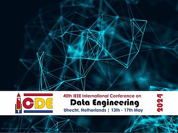 Schriftzug und Logo der Konferenz IEEE International Conference of Data Engineering (ICDE) auf dunklem Hintergrund, der vernetzten Datenströme symbolisiert. 